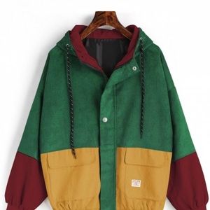 Hooded color block corduroy jacket